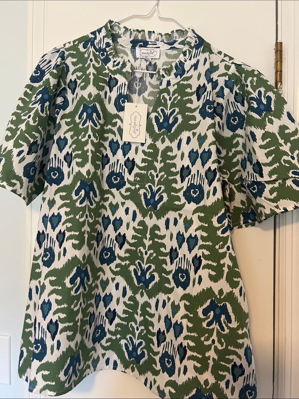 Mud Pie Green, Blue & White Short Sleeve Printed Blouse